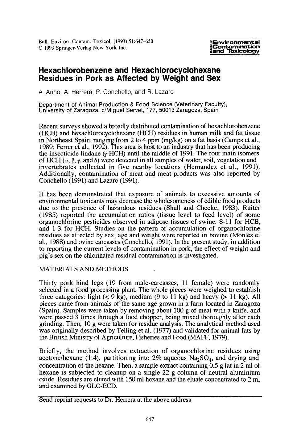 Hexachlorobenzene and hexachlorocyclohexane residues in pork as affected by weight and sex by Unknown