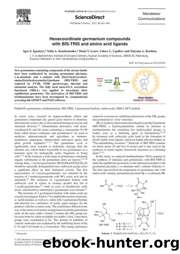 Hexacoordinate germanium compounds with BIS-TRIS and amino acid ligands by Igor S. Ignatyev & Yulia A. Kondratenko & Denis V. Lezov & Valery L. Ugolkov & Tatyana A. Kochina