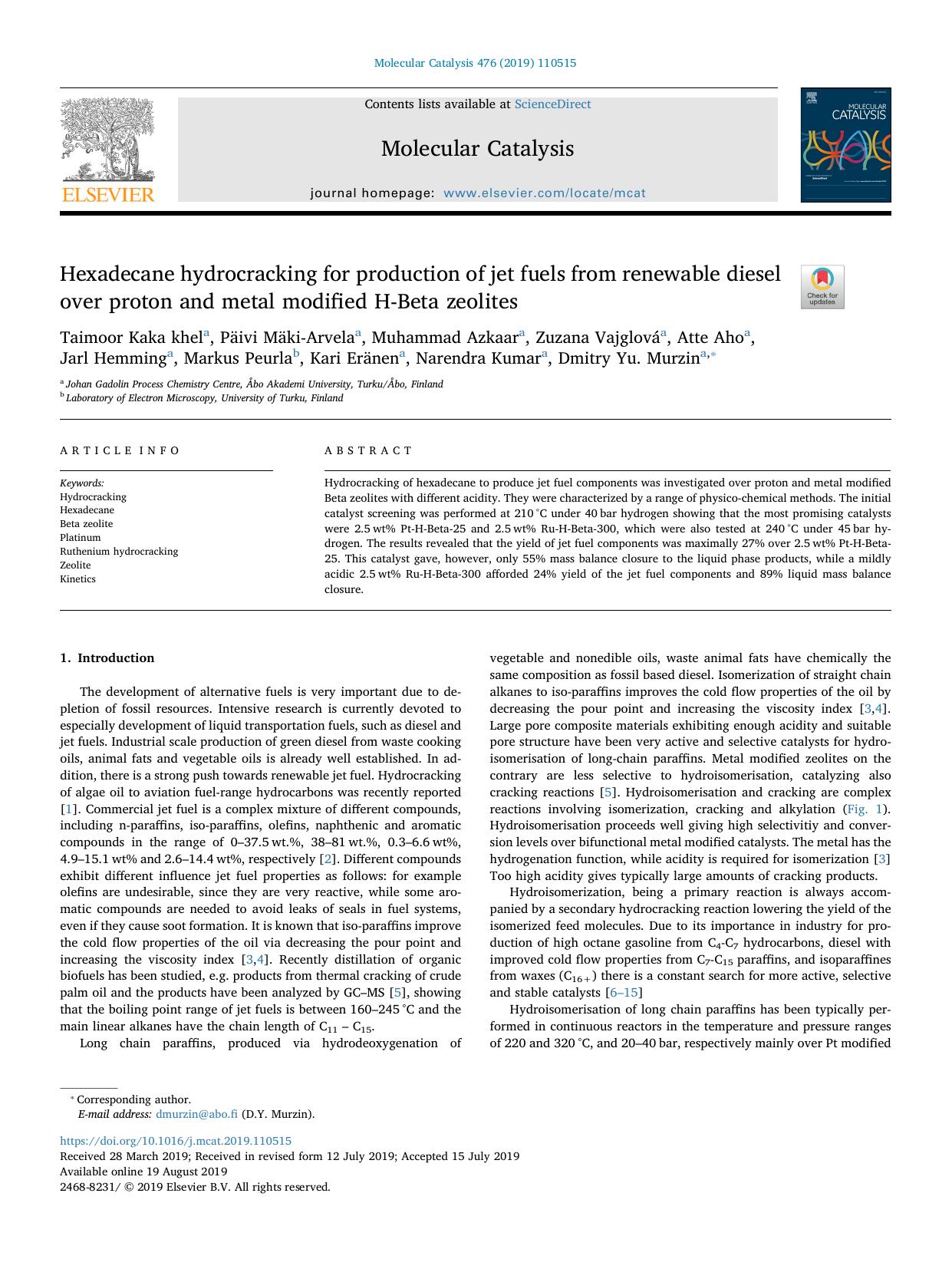 Hexadecane hydrocracking for production of jet fuels from renewable diesel over proton and metal modified H-Beta zeolites by unknow