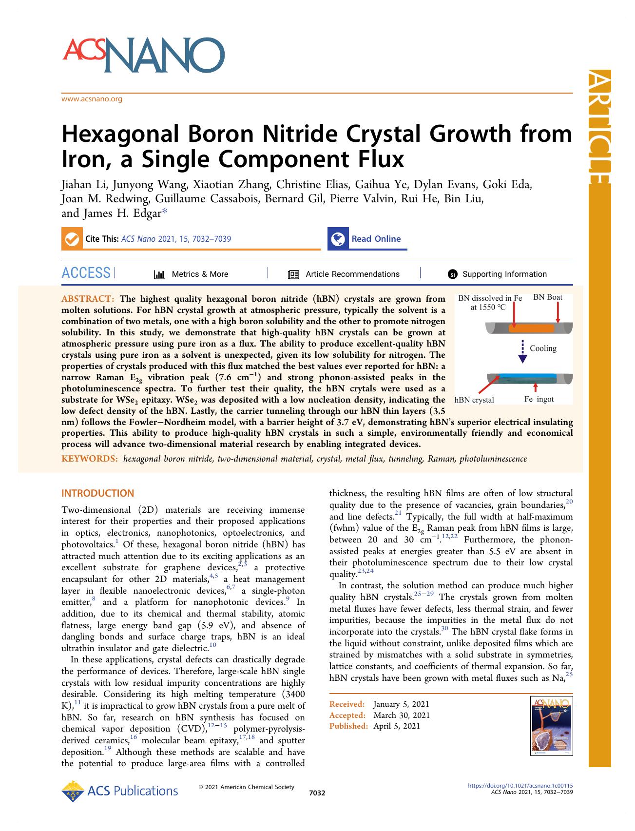 Hexagonal Boron Nitride Crystal Growth from Iron, a Single Component Flux by unknow