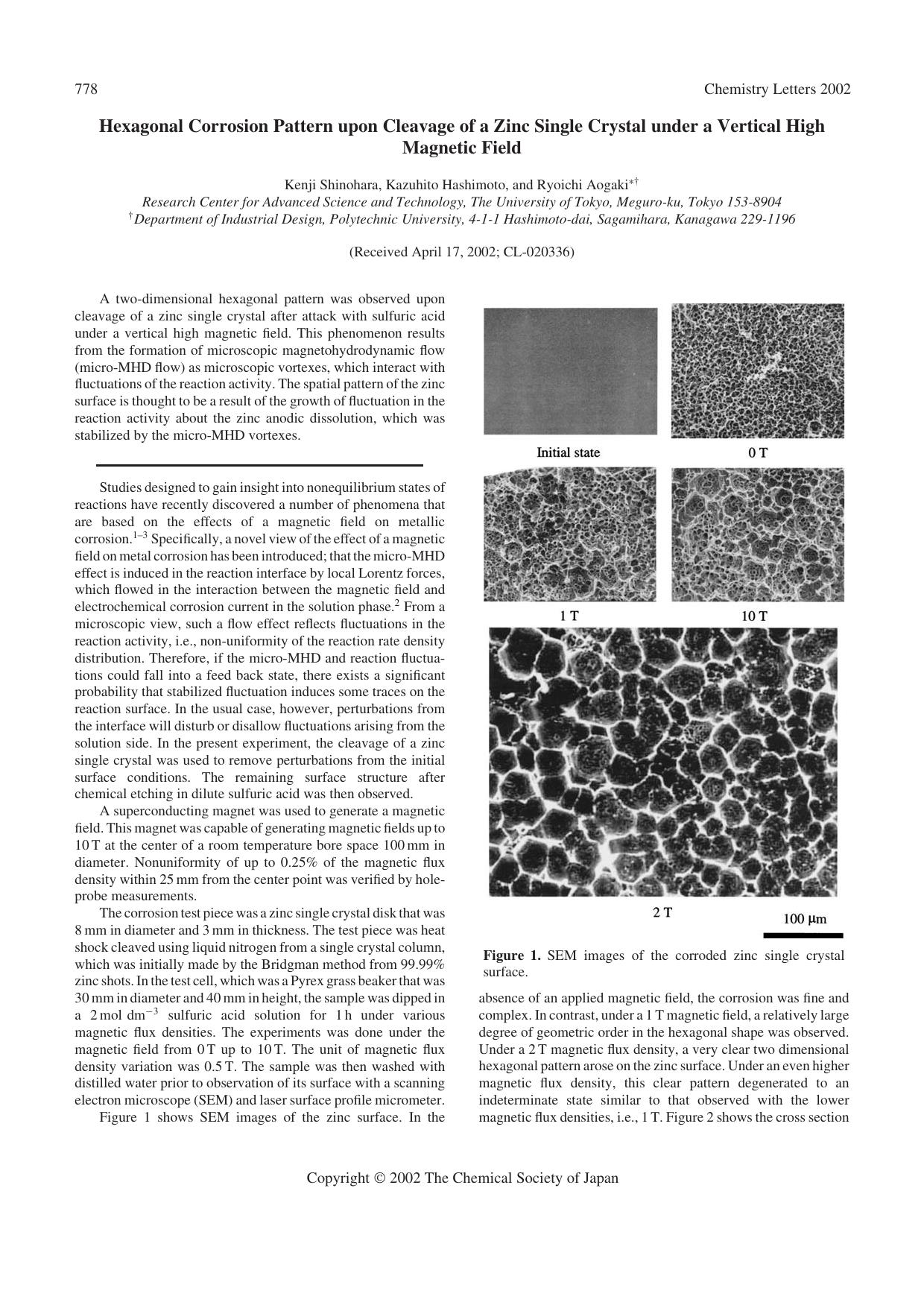 Hexagonal Corrosion Pattern upon Cleavage of a Zinc Single Crystal under a Vertical High Magnetic Field by Kenji Shinohara Kazuhito Hashimoto and Ryoichi Aogaki