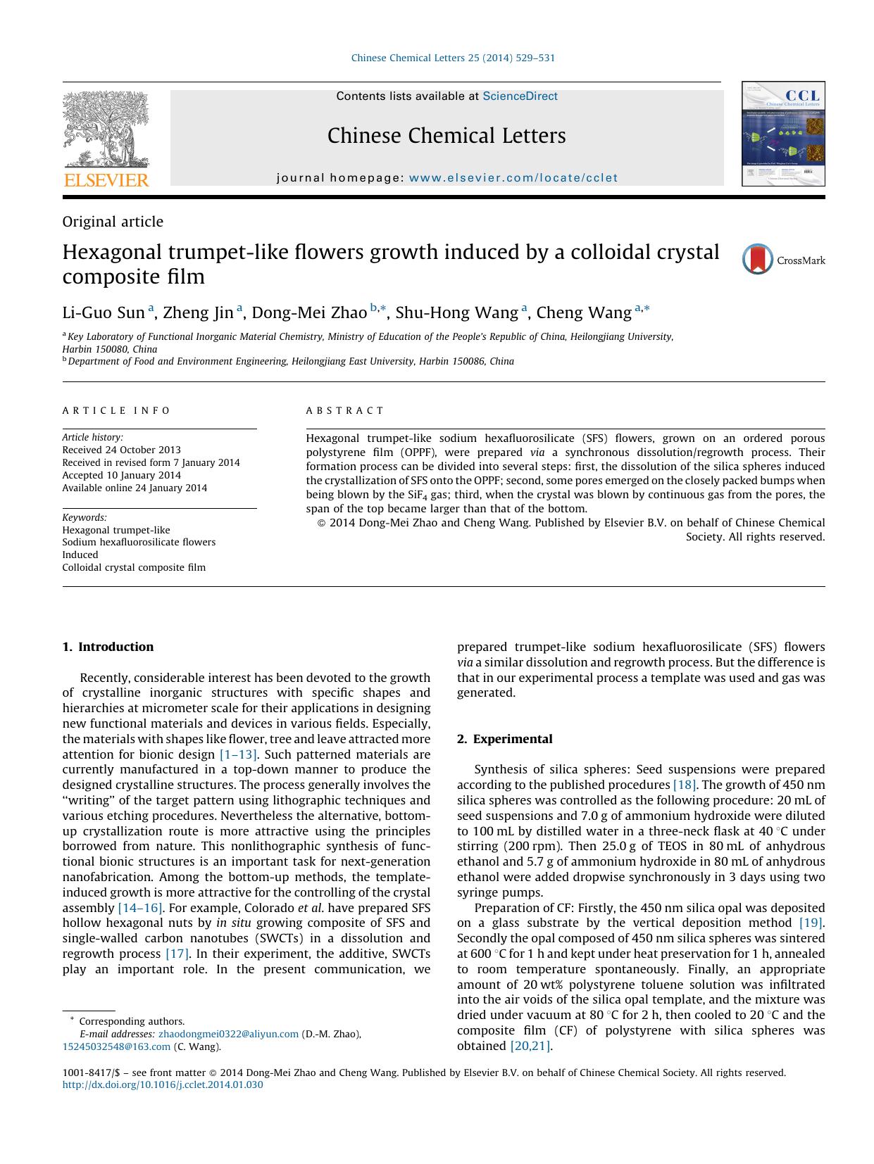 Hexagonal trumpet-like flowers growth induced by a colloidal crystal composite film by Li-Guo Sun & Zheng Jin & Dong-Mei Zhao & Shu-Hong Wang & Cheng Wang