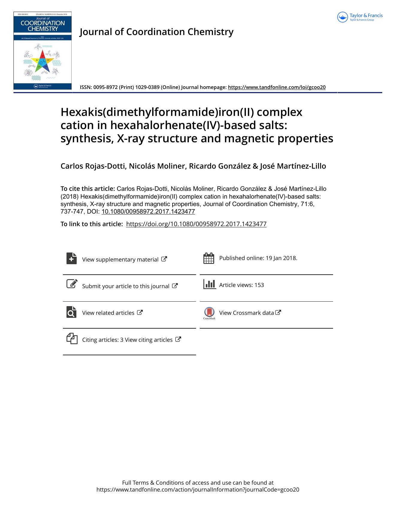 Hexakis(dimethylformamide)iron(II) complex cation in hexahalorhenate(IV)-based salts: synthesis, X-ray structure and magnetic properties by Carlos Rojas-Dotti & Nicolás Moliner & Ricardo González & José Martínez-Lillo