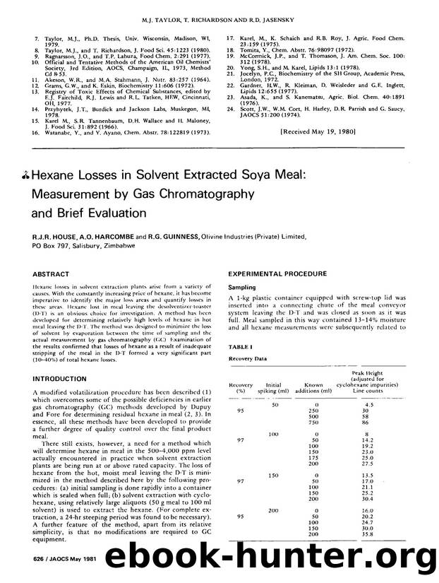 Hexane losses in solvent extracted soya meal: Measurement by gas chromatography and brief evaluation by Unknown