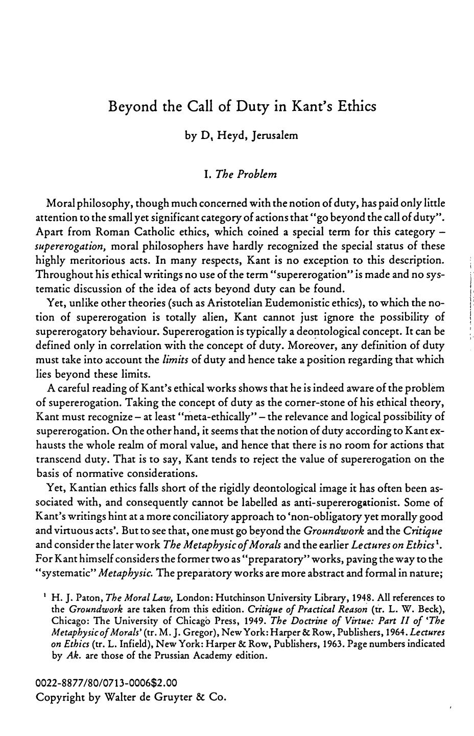 Heyd Beyond the Call of Duty in Kantâs Ethics by Unknown