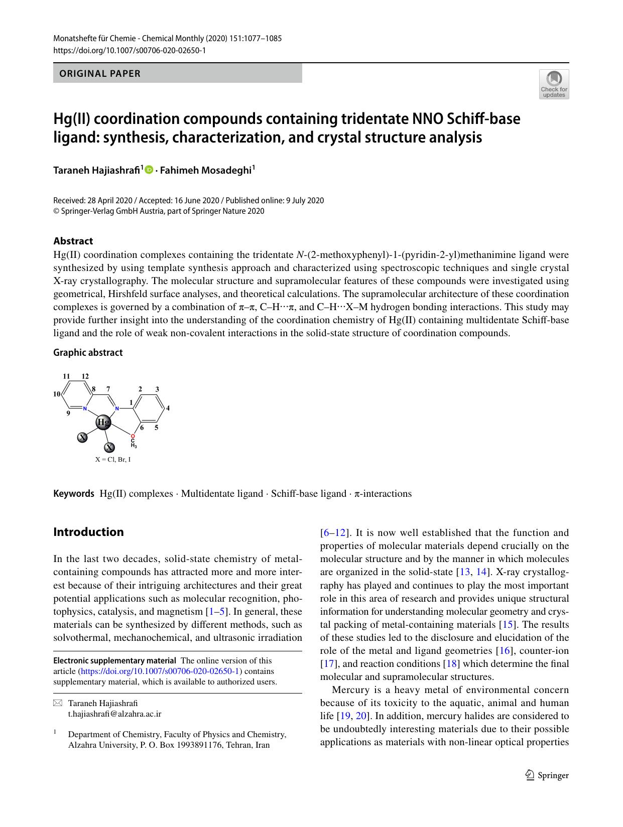 Hg(II) coordination compounds containing tridentate NNO Schiff-base ligand: synthesis, characterization, and crystal structure analysis by Taraneh Hajiashrafi & Fahimeh Mosadeghi