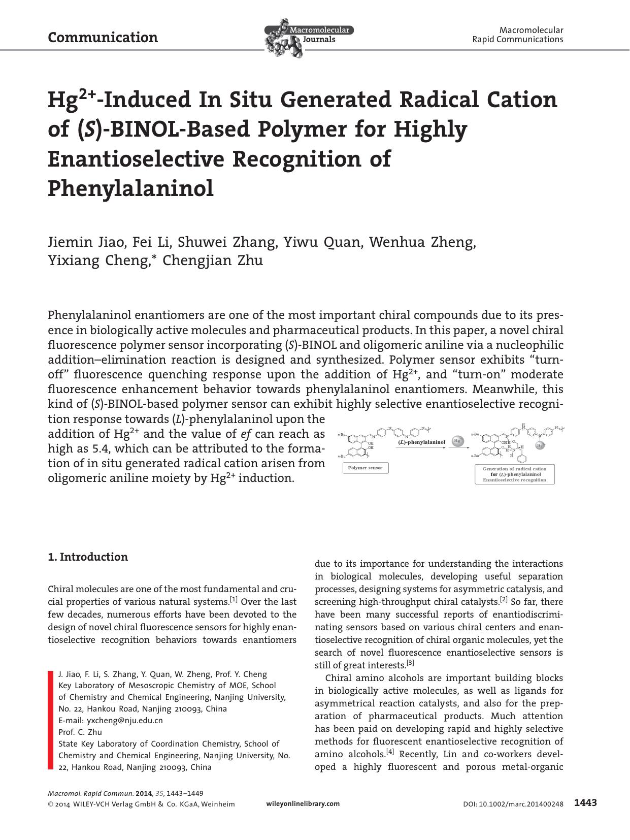 Hg2Induced In Situ Generated Radical Cation of (S)BINOLBased Polymer for Highly Enantioselective Recognition of Phenylalaninol by processteam