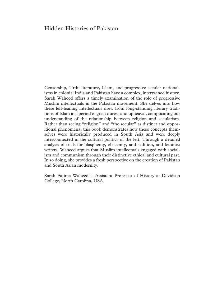 Hidden Histories of Pakistan: Censorship, Literature, and Secular Nationalism in Late Colonial India by Sarah Fatima Waheed