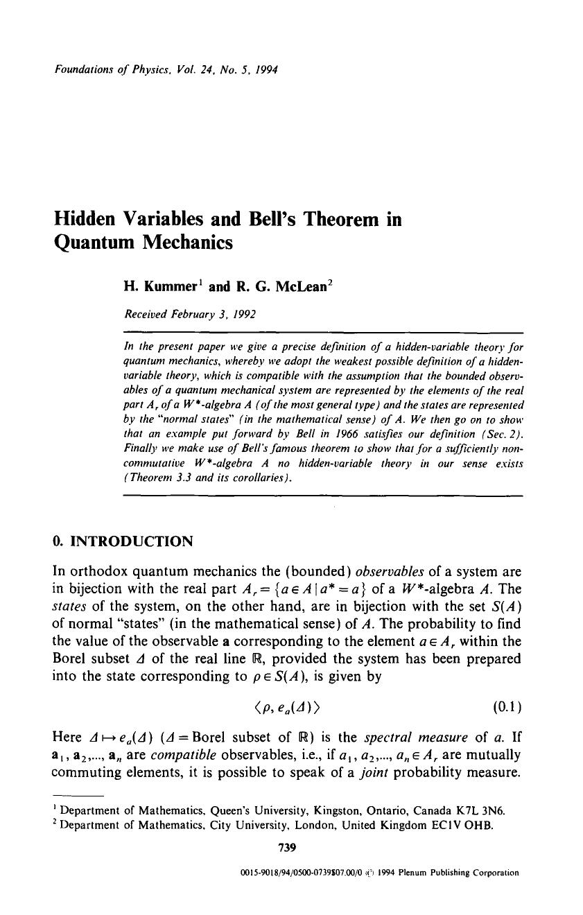 Hidden variables and Bell's theorem in quantum mechanics by Unknown