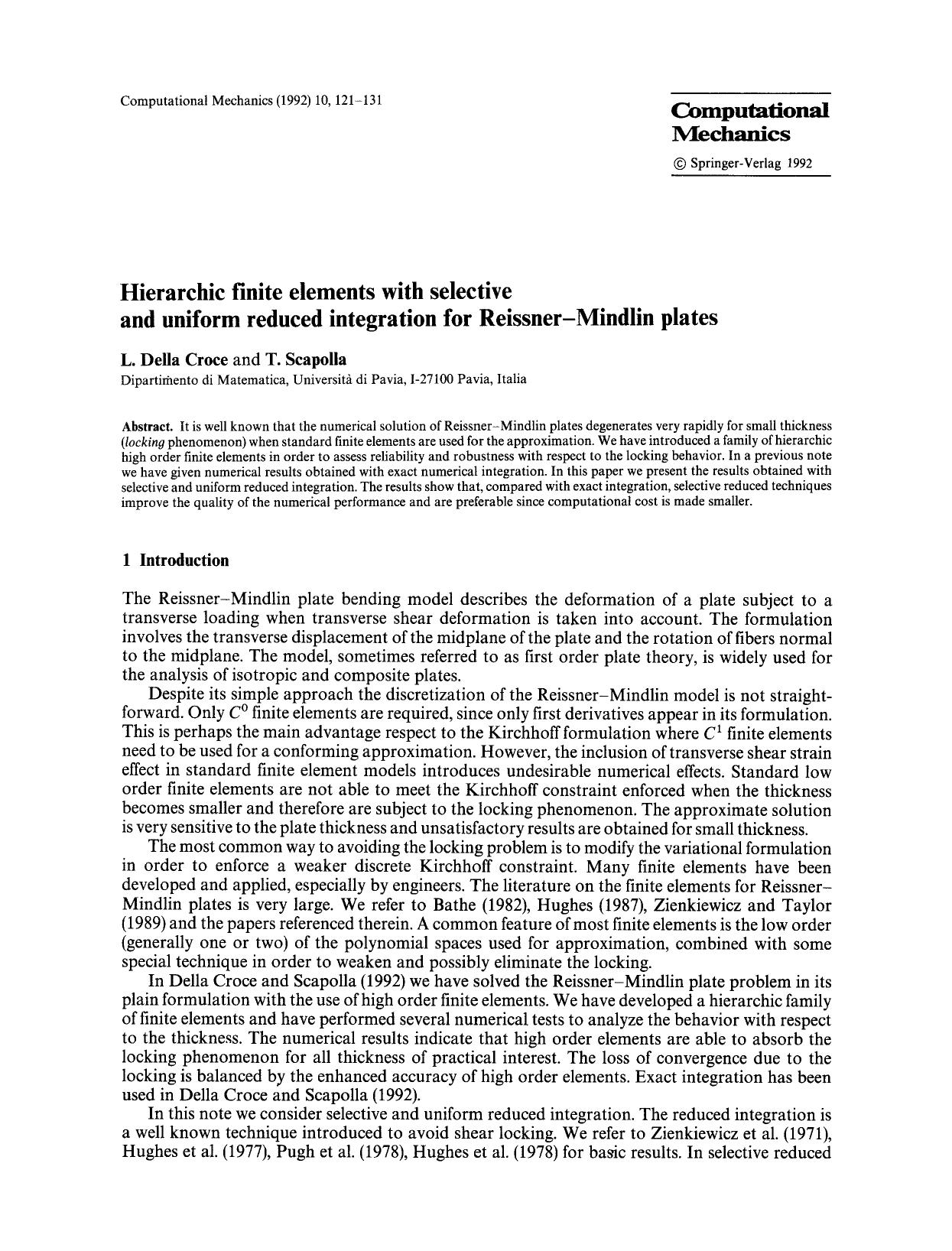 Hierarchic finite elements with selective and uniform reduced integration for Reissner-Mindlin plates by Unknown