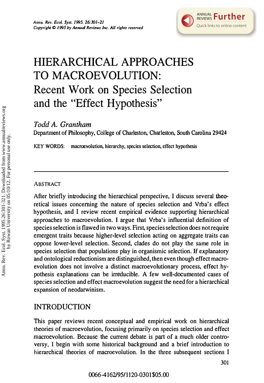 Hierarchical Approaches to Macroevolution: Recent Work on Species Selection and the "Effect Hypothesis by T A Grantham