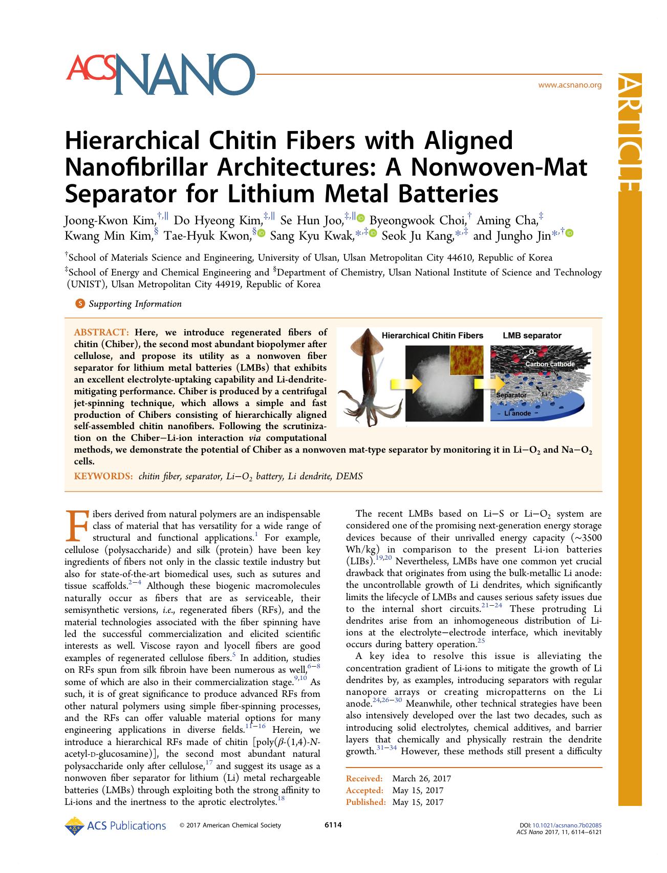 Hierarchical Chitin Fibers with Aligned Nanofibrillar Architectures: A Nonwoven-Mat Separator for Lithium Metal Batteries by unknow