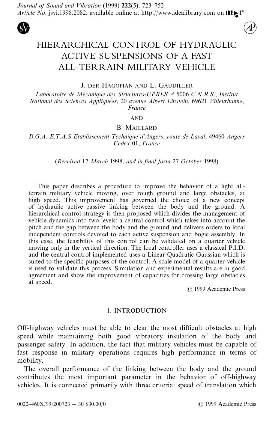 Hierarchical Control of Hydraulic Active Suspensions of a Fast All-Terrain Military Vehicle by Hagopian Der J. et al