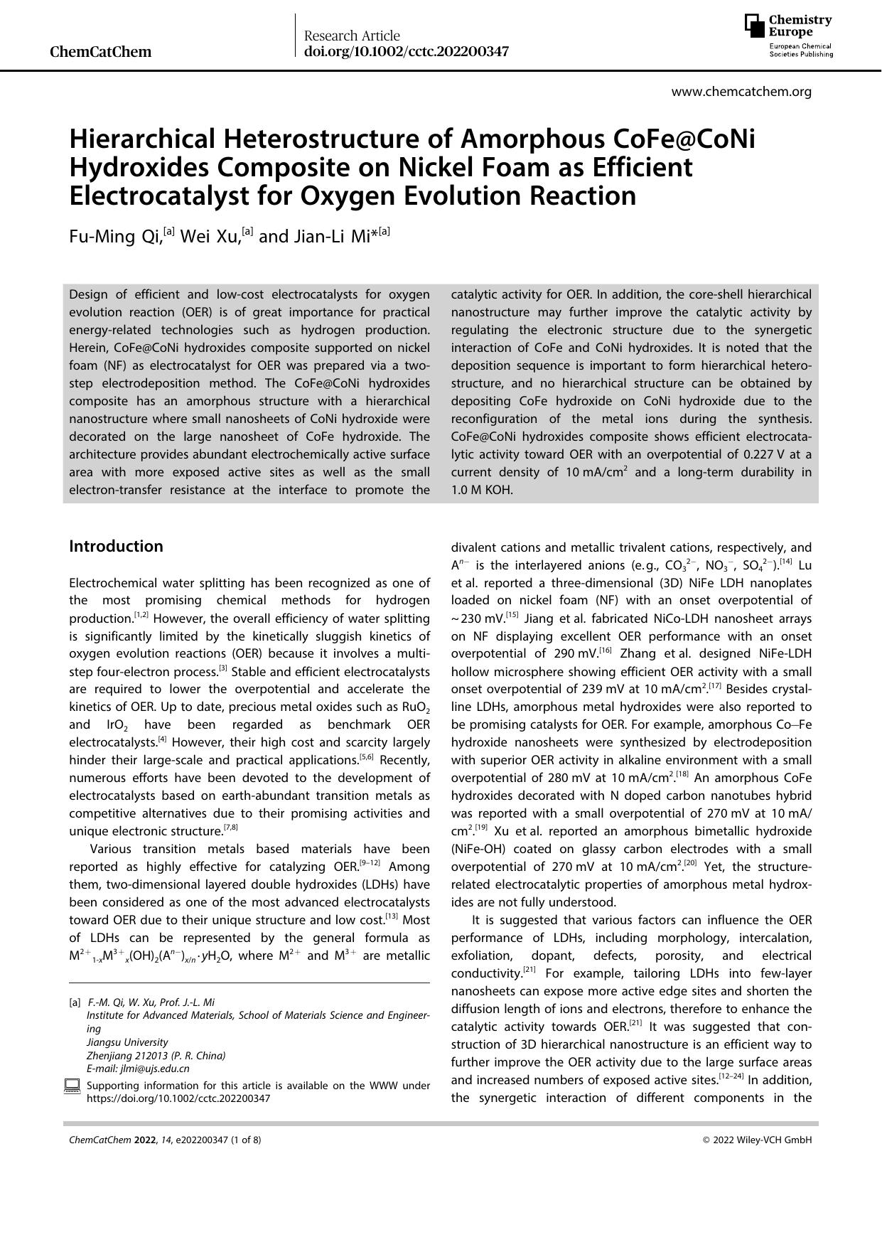 Hierarchical Heterostructure of Amorphous CoFe@CoNi Hydroxides Composite on Nickel Foam as Efficient Electrocatalyst for Oxygen Evolution Reaction by Unknown