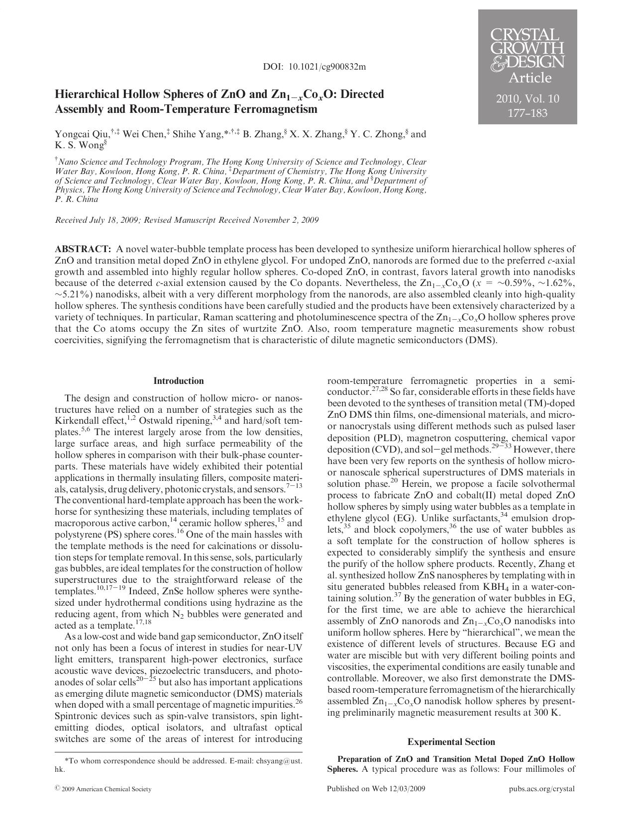 Hierarchical Hollow Spheres of ZnO and Zn<sub>1<italic>x<italic><sub>Co<sub><italic>x<italic><sub>O: Directed Assembly and Room-Temperature Ferromagnetism by Unknown