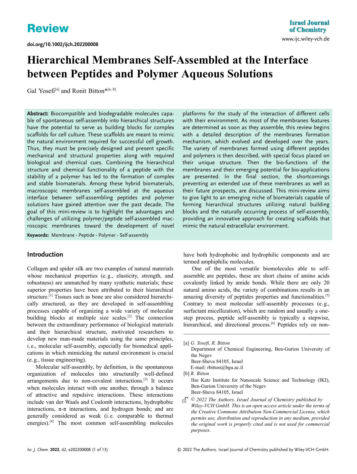 Hierarchical Membranes SelfâAssembled at the Interface between Peptides and Polymer Aqueous Solutions by Unknown