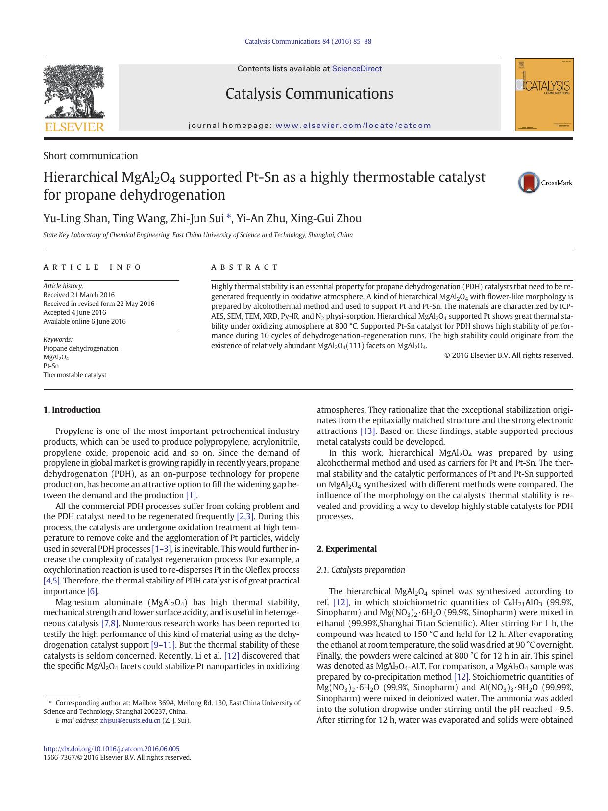 Hierarchical MgAl2O4 supported Pt-Sn as a highly thermostable catalyst for propane dehydrogenation by Yu-Ling Shan & Ting Wang & Zhi-Jun Sui & Yi-An Zhu & Xing-Gui Zhou