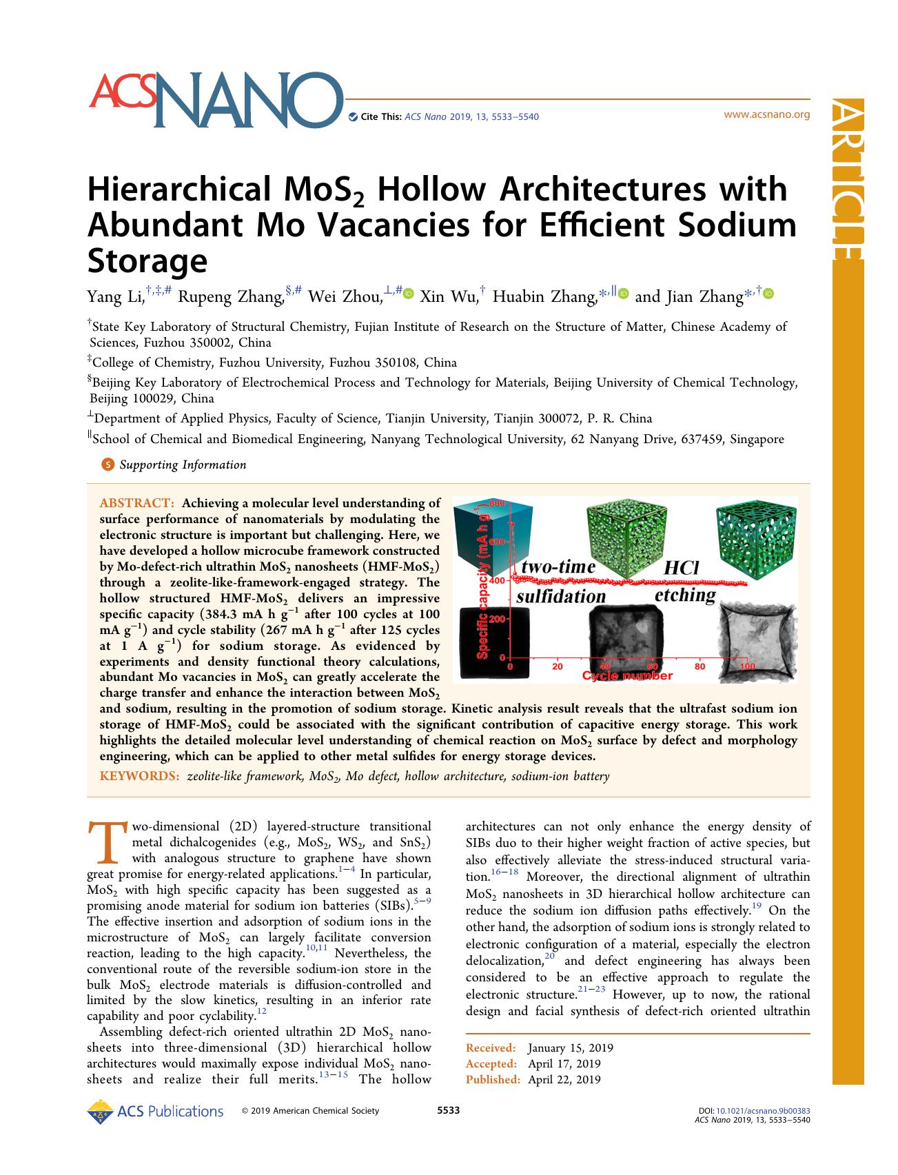 Hierarchical MoS2 Hollow Architectures with Abundant Mo Vacancies for Efficient Sodium Storage by Yang Li Rupeng Zhang Wei Zhou Xin Wu Huabin Zhang and Jian Zhang