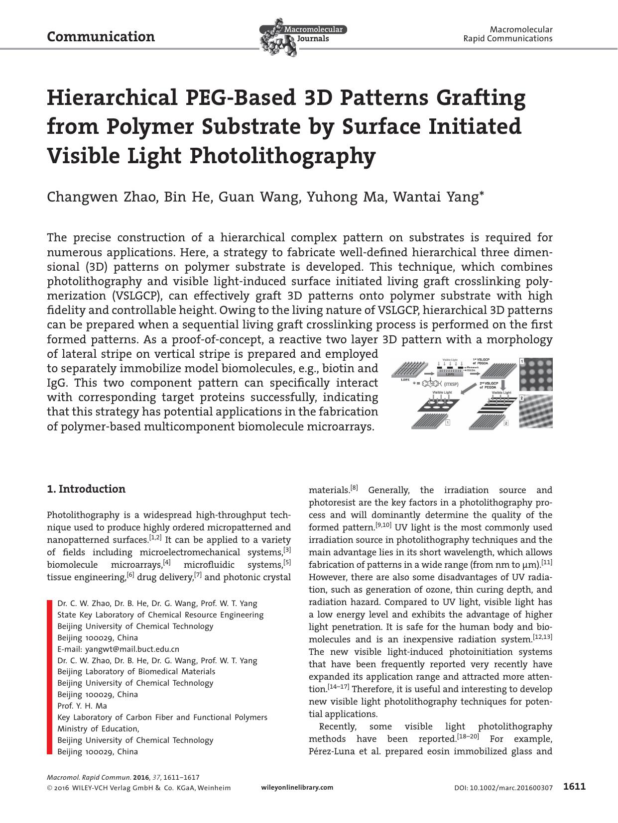 Hierarchical PEG‐Based 3D Patterns Grafting from Polymer Substrate by Surface Initiated Visible Light Photolithography by Unknown