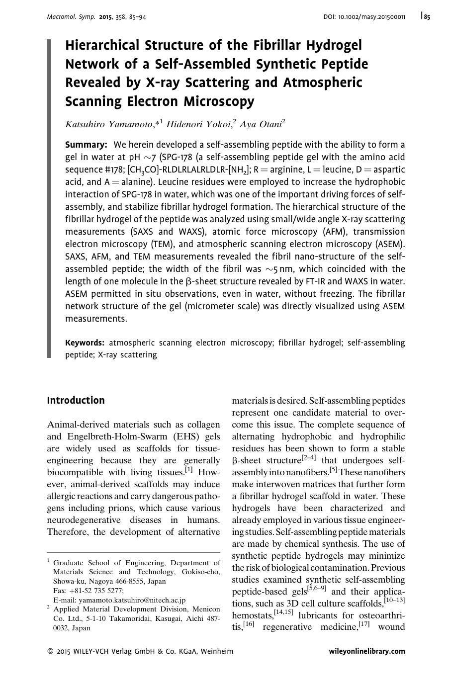 Hierarchical Structure of the Fibrillar Hydrogel Network of a Self-Assembled Synthetic Peptide Revealed by X-ray Scattering and Atmospheric Scanning Electron Microscopy by Unknown