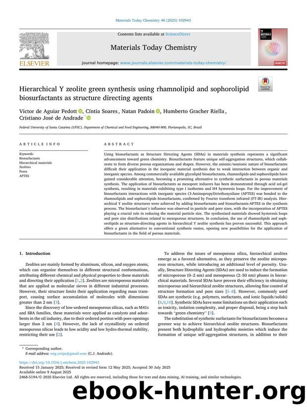 Hierarchical Y zeolite green synthesis using rhamnolipid and sophorolipid biosurfactants as structure directing agents by unknow