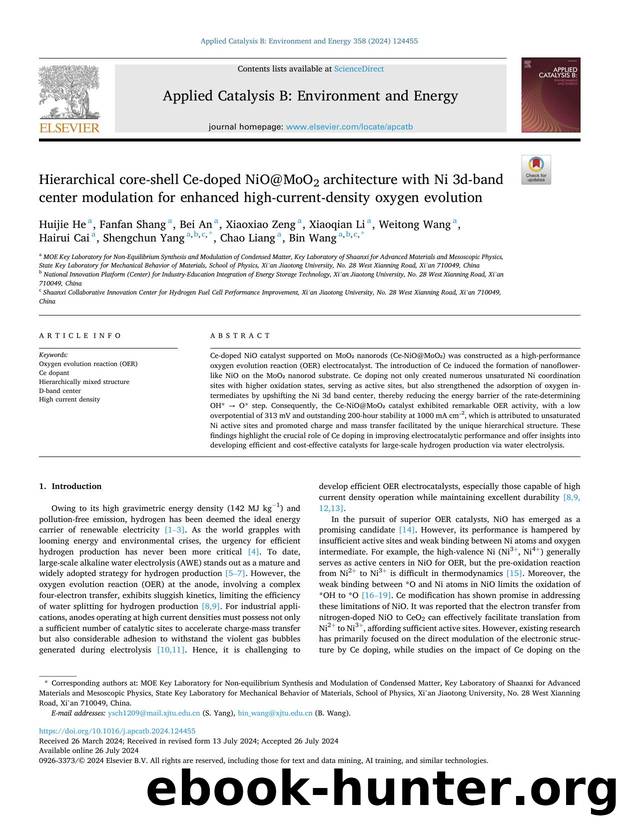 Hierarchical core-shell Ce-doped NiO@MoO2 architecture with Ni 3d-band center modulation for enhanced high-current-density oxygen evolution by Huijie He