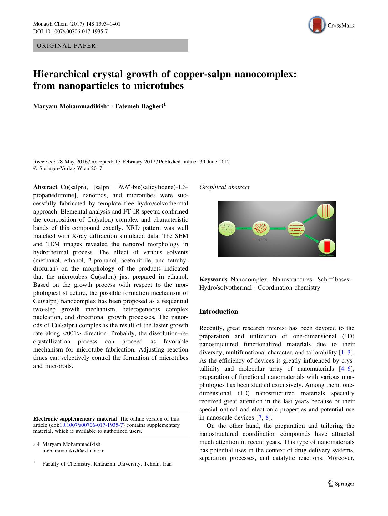 Hierarchical crystal growth of copper-salpn nanocomplex: from nanoparticles to microtubes by Maryam Mohammadikish & Fatemeh Bagheri