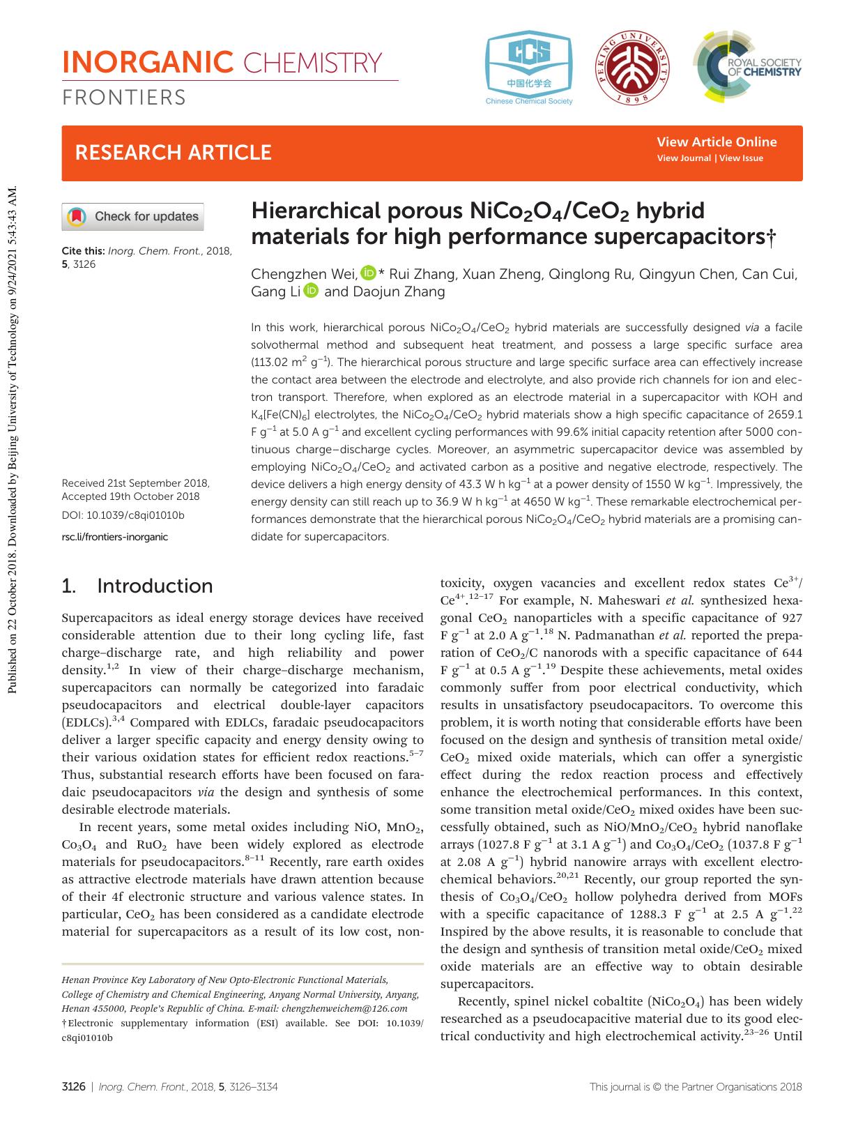 Hierarchical porous NiCo2O4CeO2 hybrid materials for high performance supercapacitors by Chengzhen Wei Rui Zhang Xuan Zheng Qinglong Ru Qingyun Chen Can Cui Gang Li Daojun Zhang