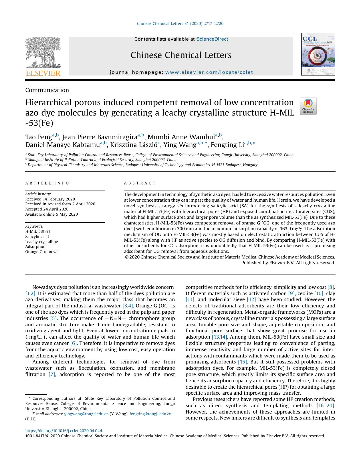 Hierarchical porous induced competent removal of low concentration azo dye molecules by generating a leachy crystalline structure H-MIL-53(Fe) by unknow