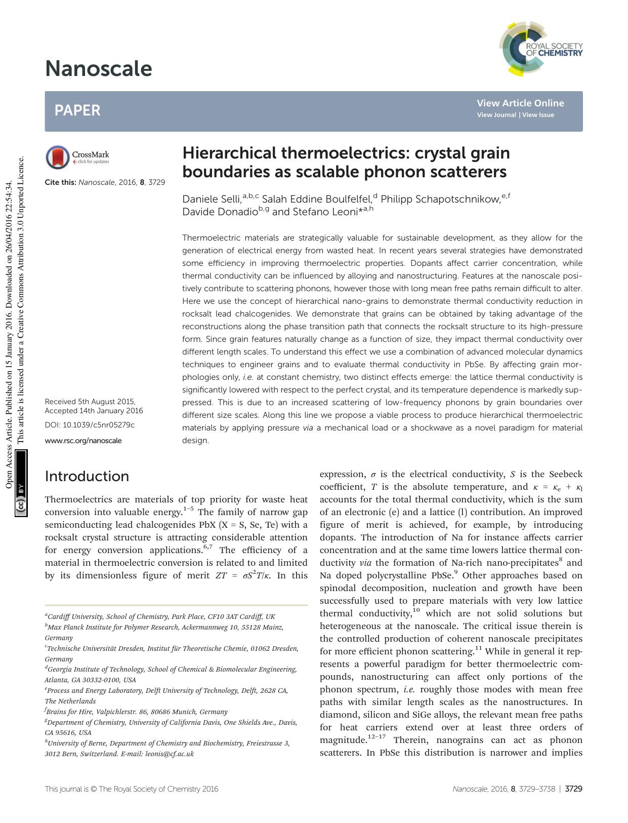 Hierarchical thermoelectrics: crystal grain boundaries as scalable phonon scatterers by Daniele Selli Salah Eddine Boulfelfel Philipp Schapotschnikow Davide Donadio Stefano Leoni