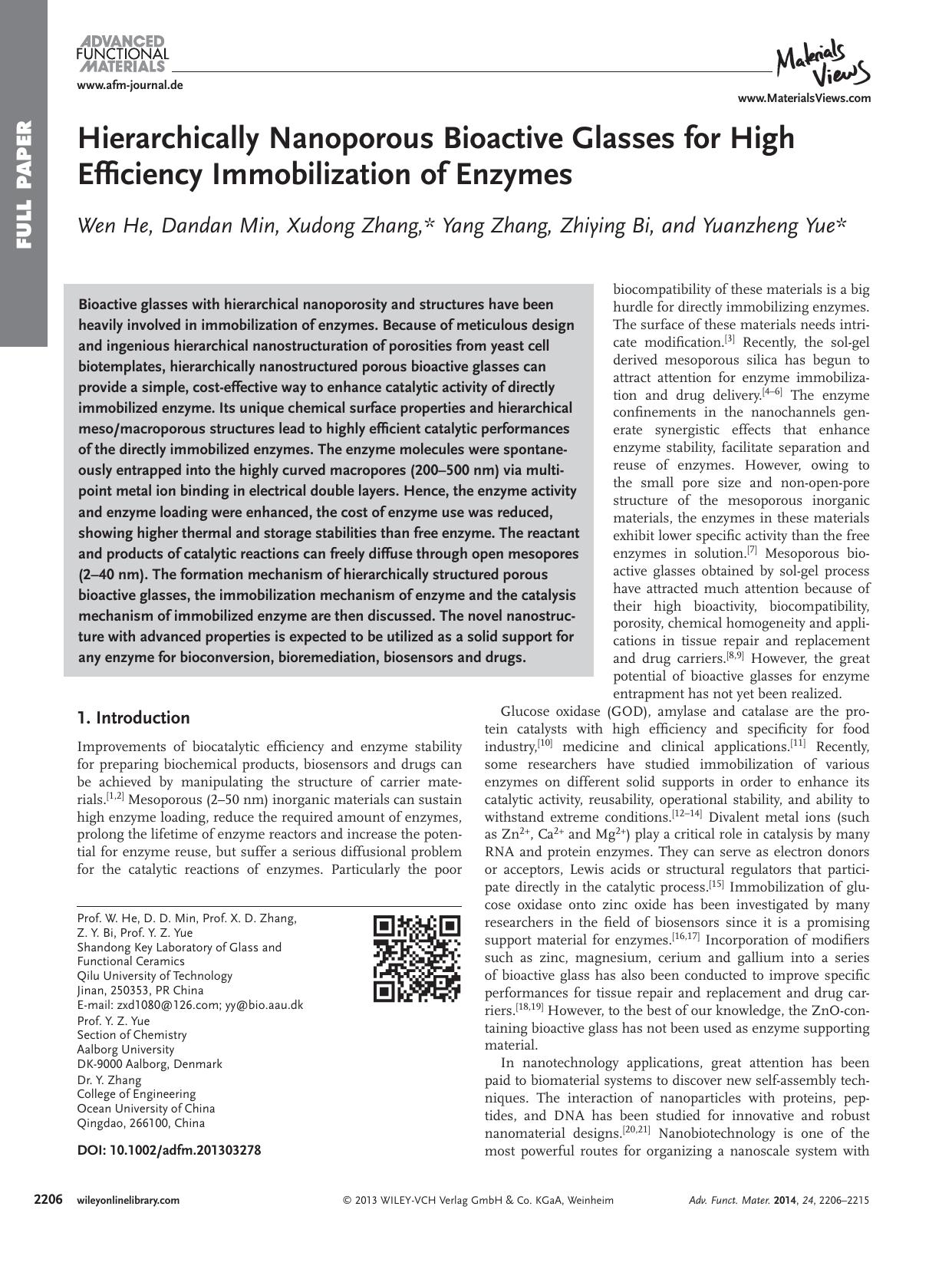 Hierarchically Nanoporous Bioactive Glasses for High Efficiency Immobilization of Enzymes by s-w-270
