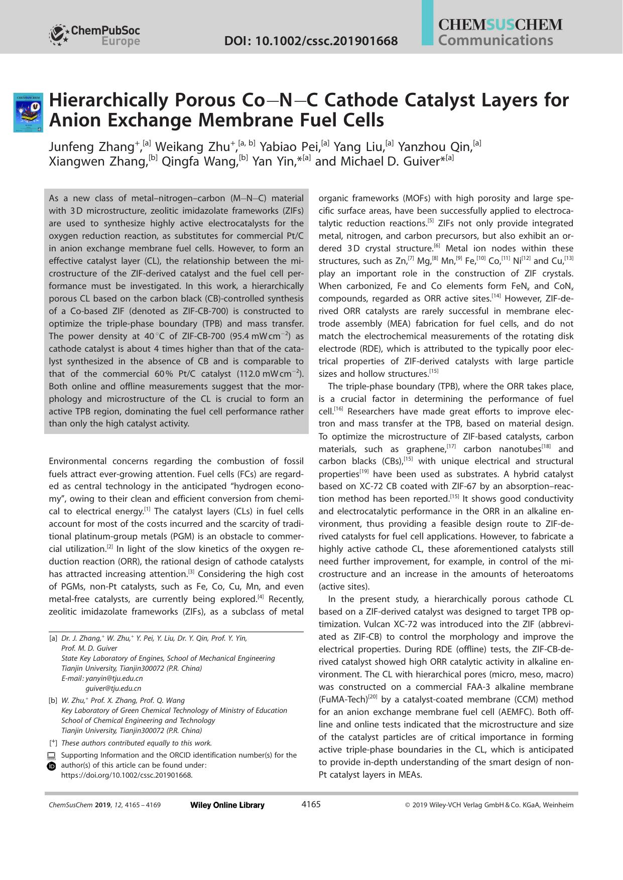 Hierarchically Porous CoâNâC Cathode Catalyst Layers for Anion Exchange Membrane Fuel Cells by Unknown