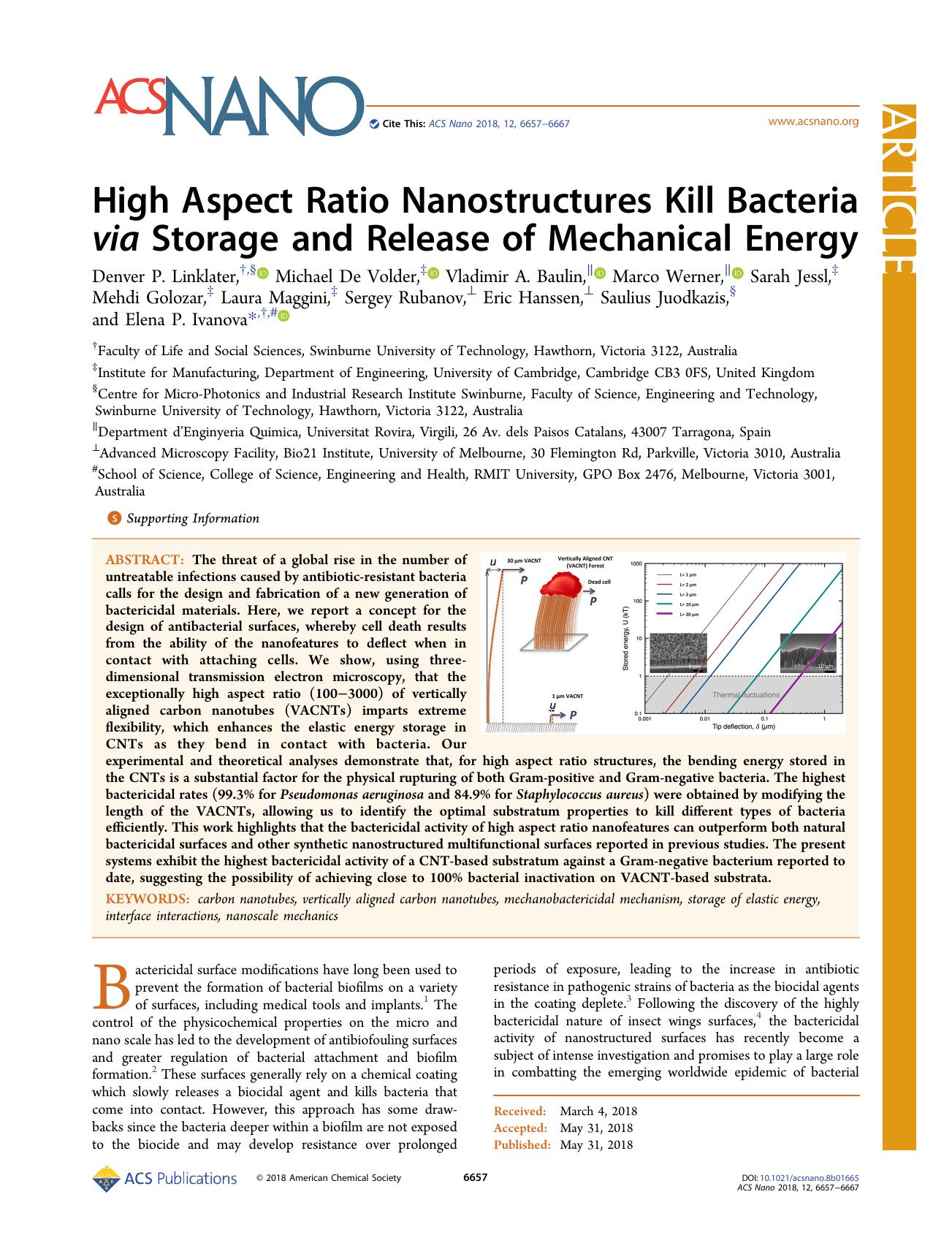 High Aspect Ratio Nanostructures Kill Bacteria via Storage and Release of Mechanical Energy by unknow