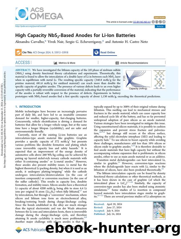 High Capacity NbS2-Based Anodes for Li-Ion Batteries by Alexandra Carvalho Vivek Nair Sergio G. Echeverrigaray & Antonio H. Castro Neto