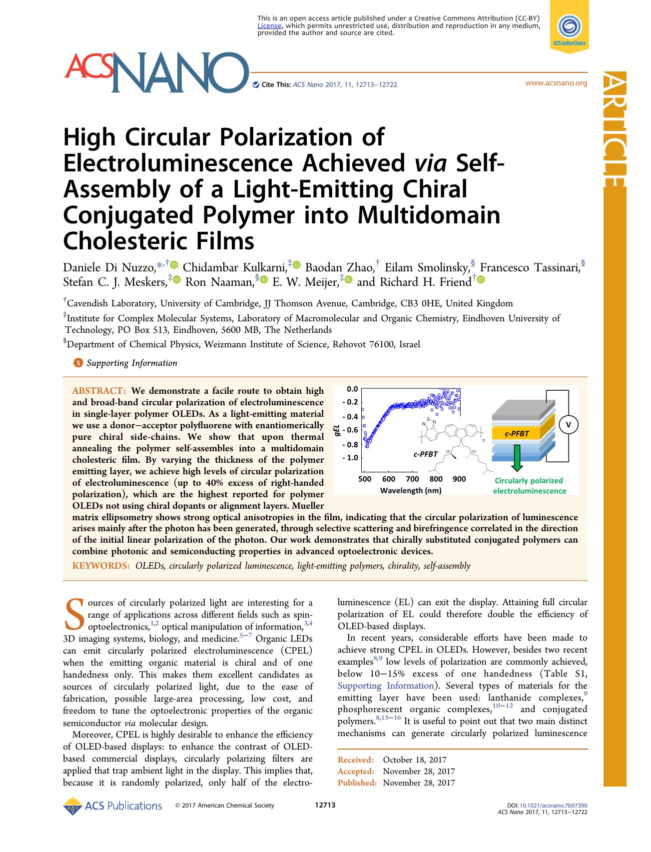 High Circular Polarization of Electroluminescence Achieved via Self-Assembly of a Light-Emitting Chiral Conjugated Polymer into Multidomain Cholesteric Films by unknow