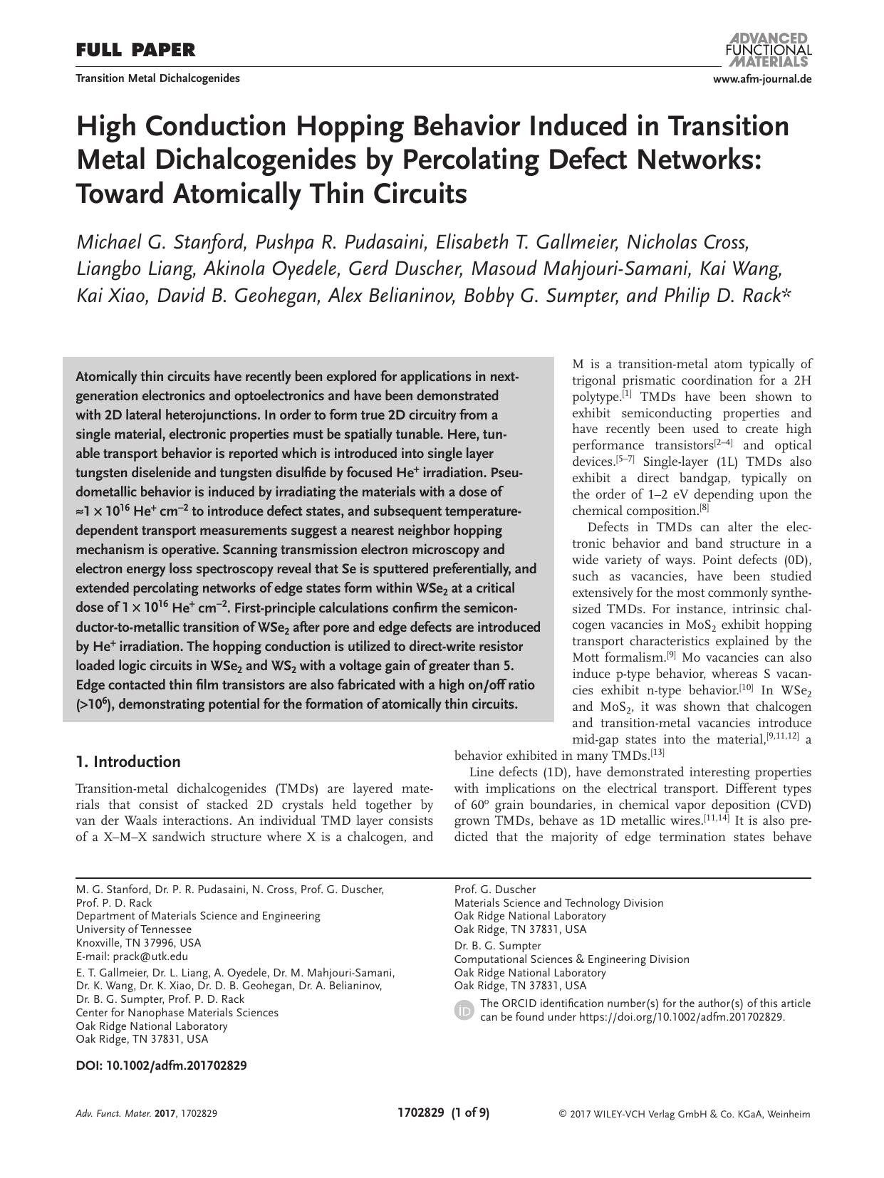 High Conduction Hopping Behavior Induced in Transition Metal Dichalcogenides by Percolating Defect Networks: Toward Atomically Thin Circuits by Unknown