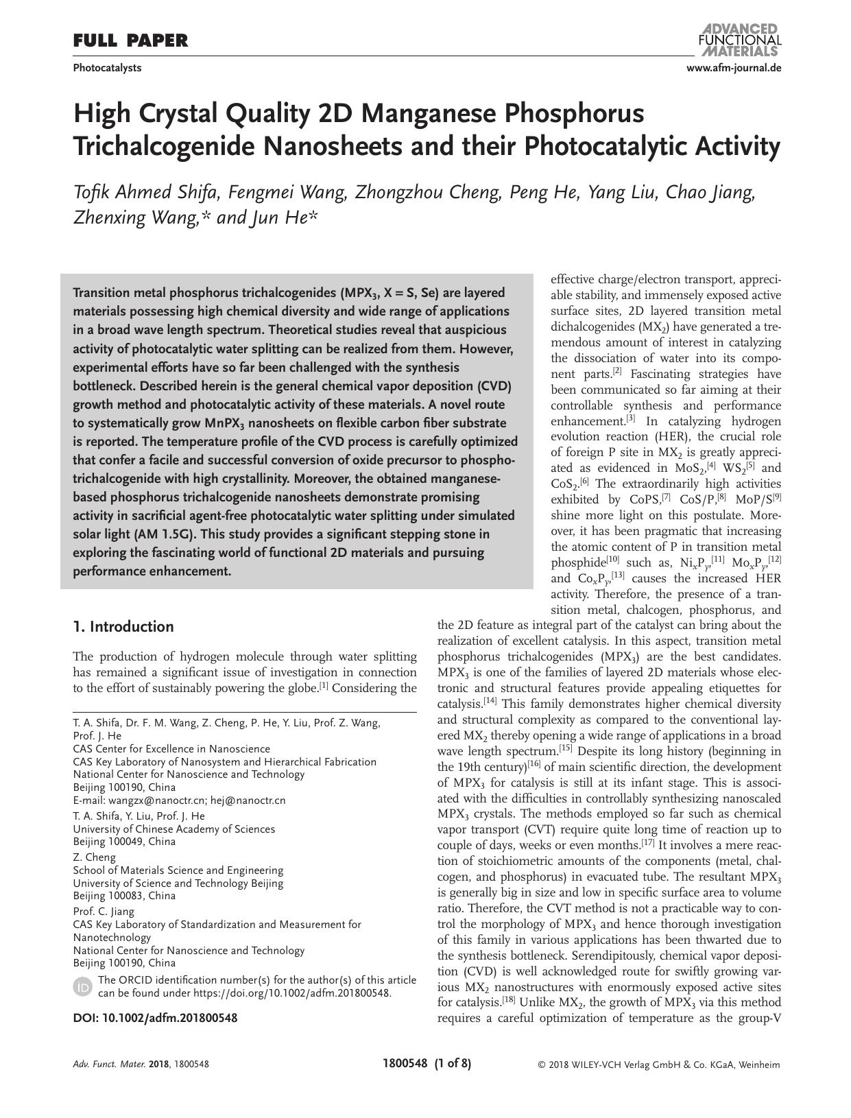 High Crystal Quality 2D Manganese Phosphorus Trichalcogenide Nanosheets and their Photocatalytic Activity by Unknown