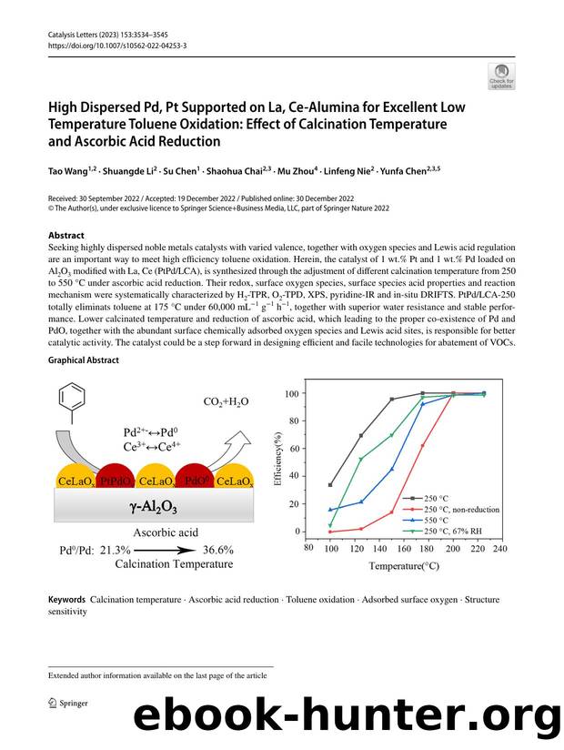 High Dispersed Pd, Pt Supported on La, Ce-Alumina for Excellent Low Temperature Toluene Oxidation: Effect of Calcination Temperature and Ascorbic Acid Reduction by Tao Wang & Shuangde Li & Su Chen & Shaohua Chai & Mu Zhou & Linfeng Nie & Yunfa Chen