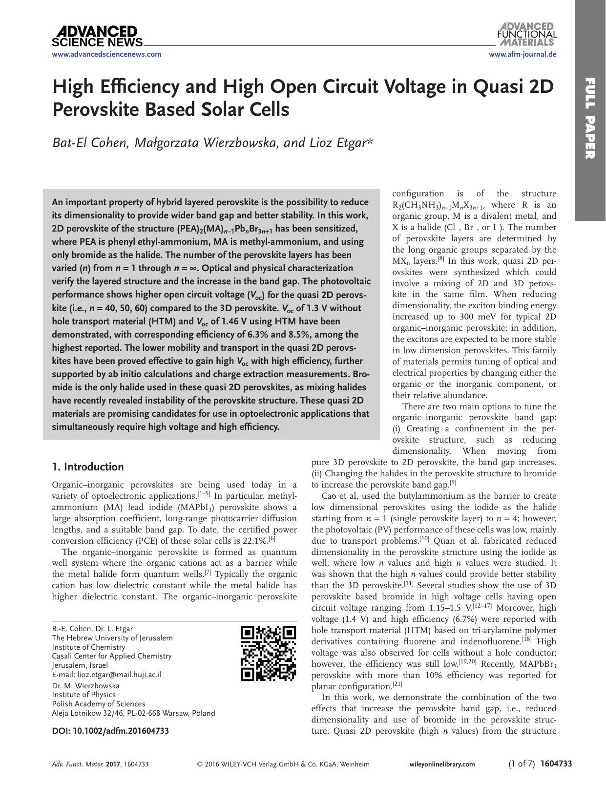 High Efficiency and High Open Circuit Voltage in Quasi 2D Perovskite Based Solar Cells by Unknown