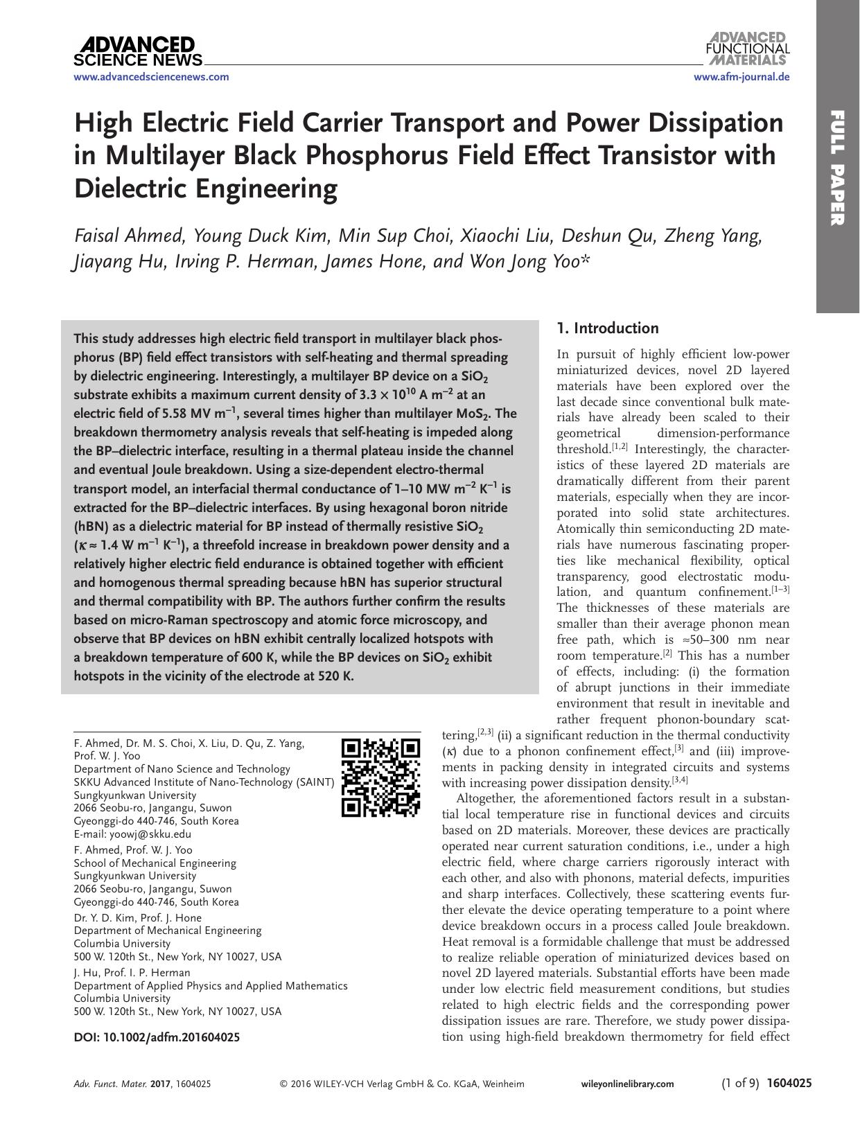 High Electric Field Carrier Transport and Power Dissipation in Multilayer Black Phosphorus Field Effect Transistor with Dielectric Engineering by Unknown