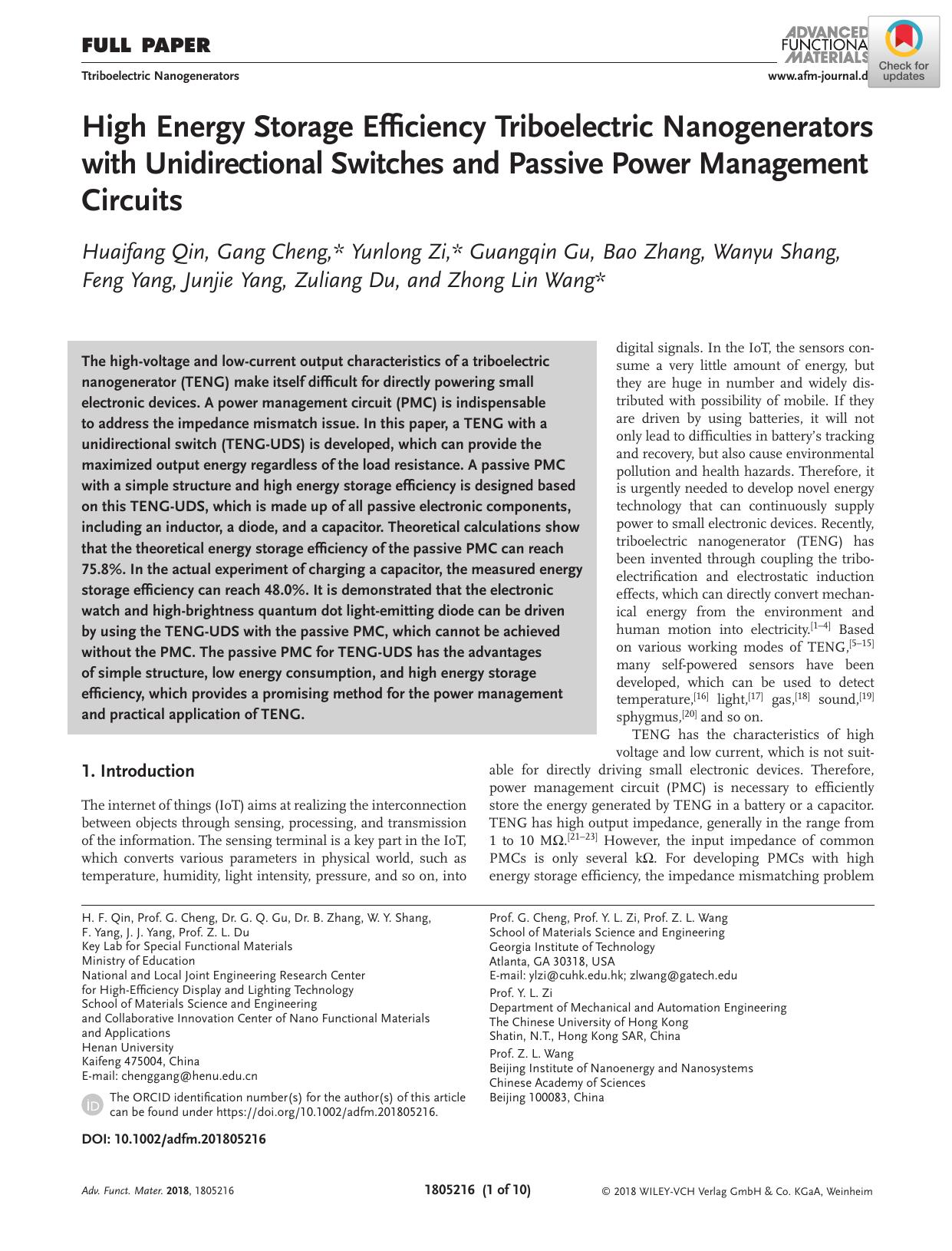High Energy Storage Efficiency Triboelectric Nanogenerators with Unidirectional Switches and Passive Power Management Circuits by Unknown