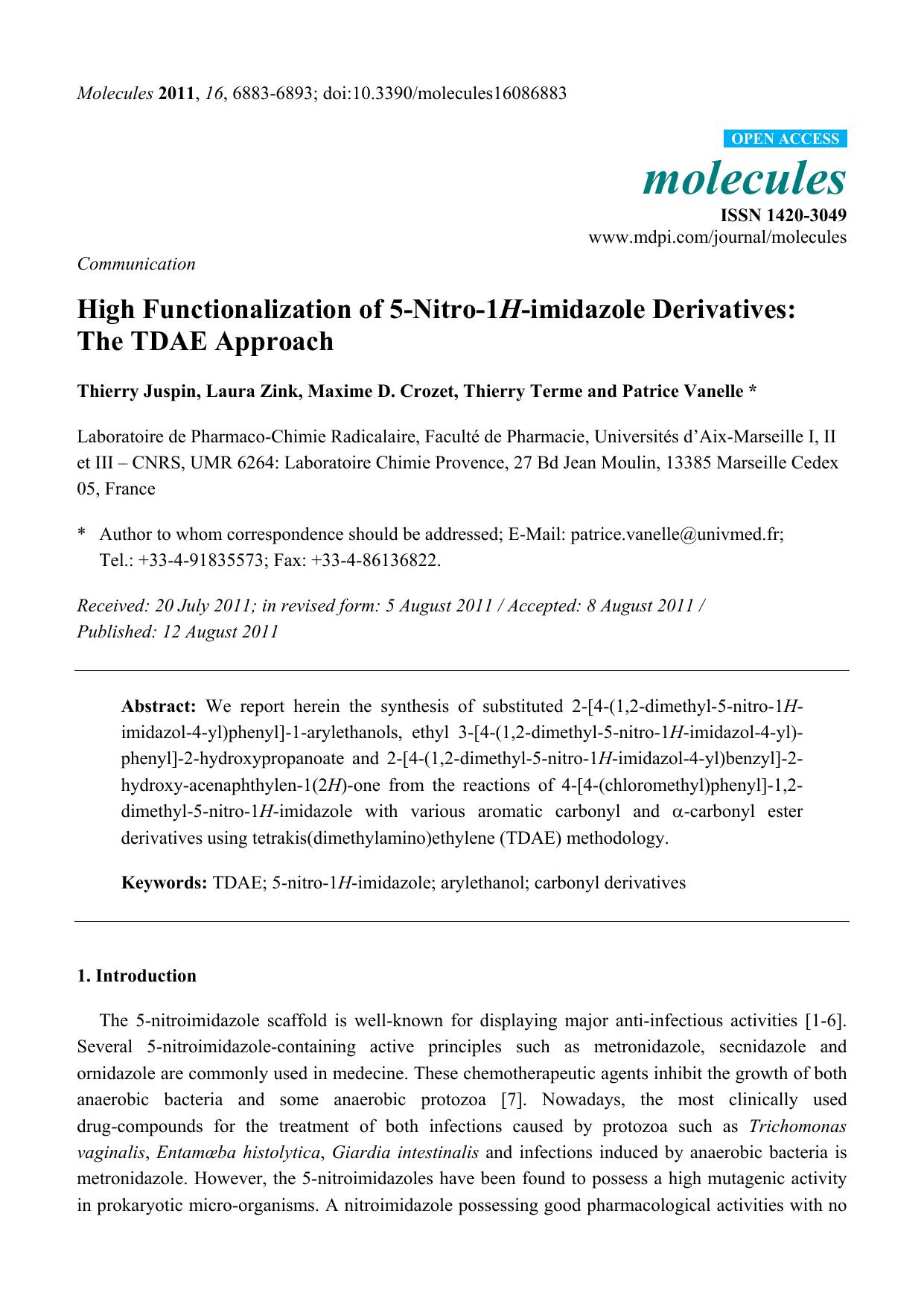 High Functionalization of 5-Nitro-1H-imidazole Derivatives: The TDAE Approach by Thierry Juspin & Laura Zink & Maxime D. Crozet & Thierry Terme & Patrice Vanelle
