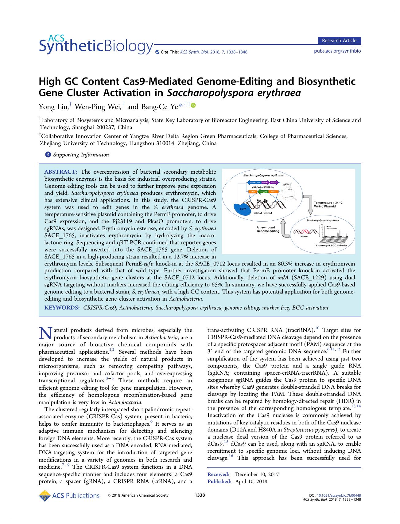 High GC Content Cas9-Mediated Genome-Editing and Biosynthetic Gene Cluster Activation in Saccharopolyspora erythraea by Yong Liu Wen-Ping Wei and Bang-Ce Ye