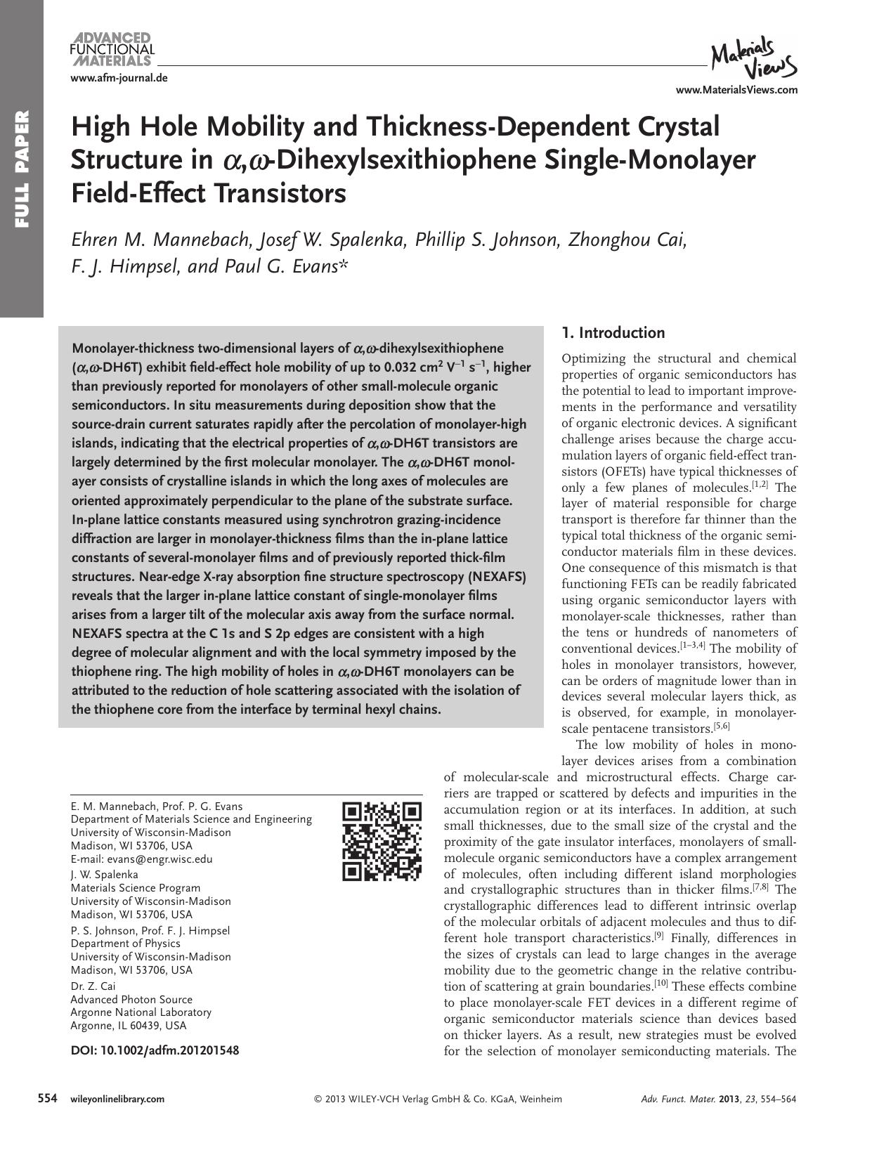 High Hole Mobility and ThicknessDependent Crystal Structure in ,Dihexylsexithiophene SingleMonolayer FieldEffect Transistors by vng