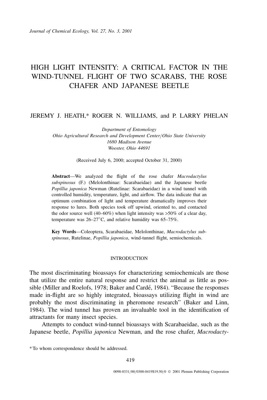 High Light Intensity: a Critical Factor in the Wind-tunnel Flight of Two Scarabs, the Rose Chafer and Japanese Beetle by Unknown