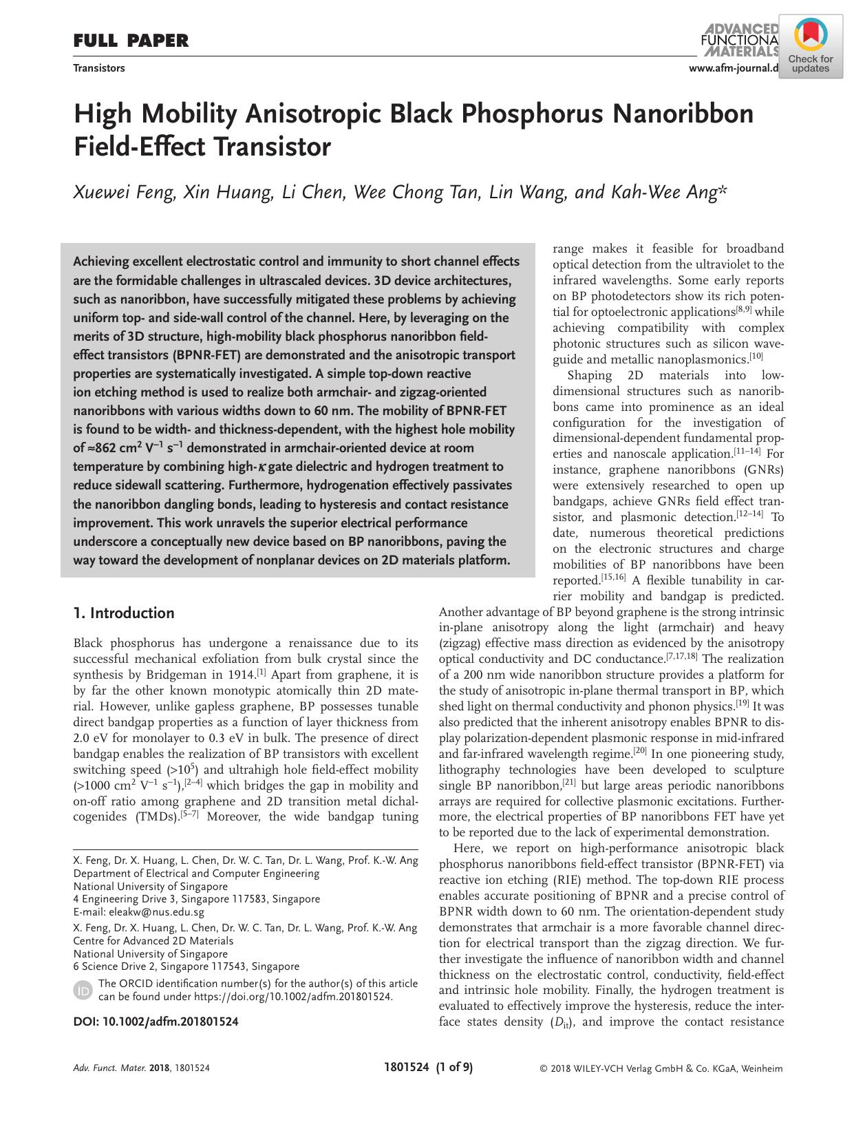High Mobility Anisotropic Black Phosphorus Nanoribbon FieldâEffect Transistor by Unknown