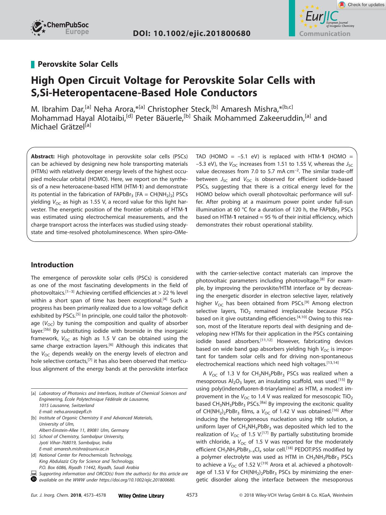 High Open Circuit Voltage for Perovskite Solar Cells with S,SiâHeteropentaceneâBased Hole Conductors by Unknown