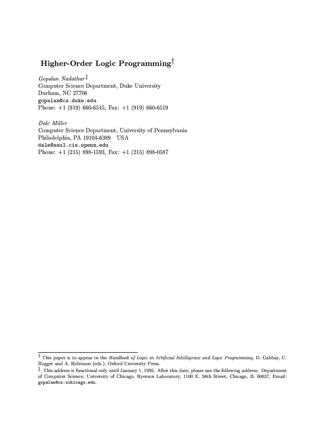 High Order logic programming - in Handbook of Artificial Intelligence and Logic Programming by Gabbay