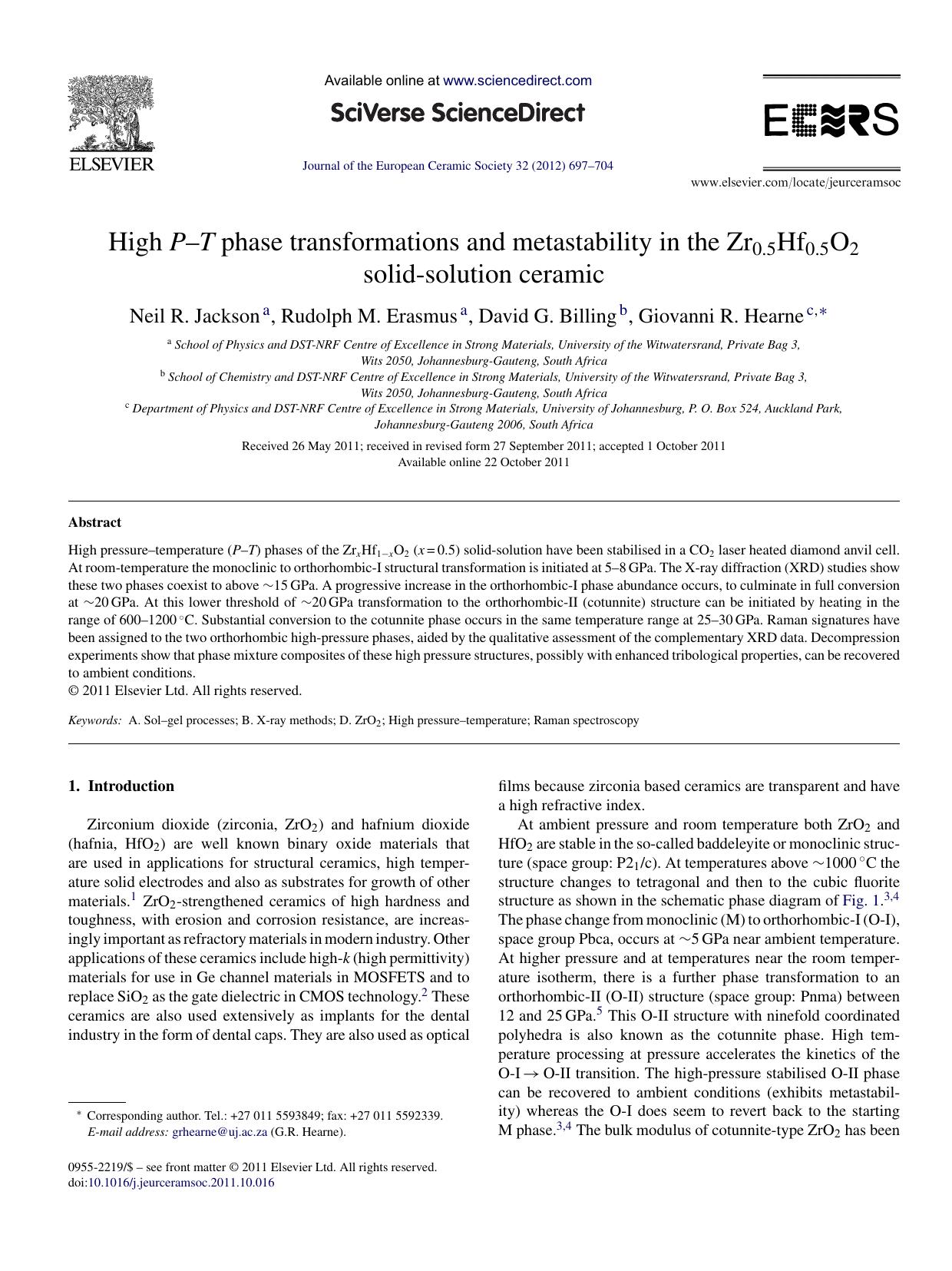 High PÃ¢â¬âT phase transformations and metastability in the Zr0.5Hf0.5O2 solid-solution ceramic by Neil R. Jackson