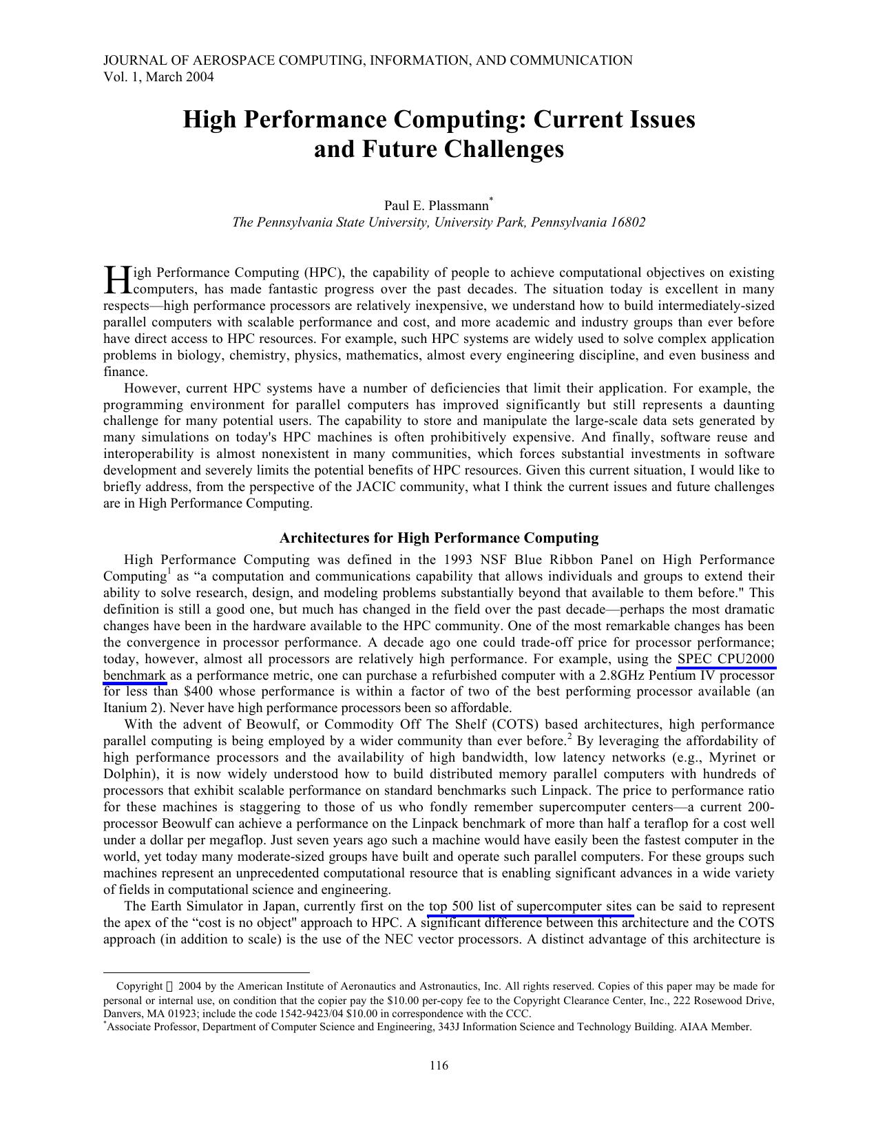 High Performance Computing Current Issues and Future Challenges by Unknown